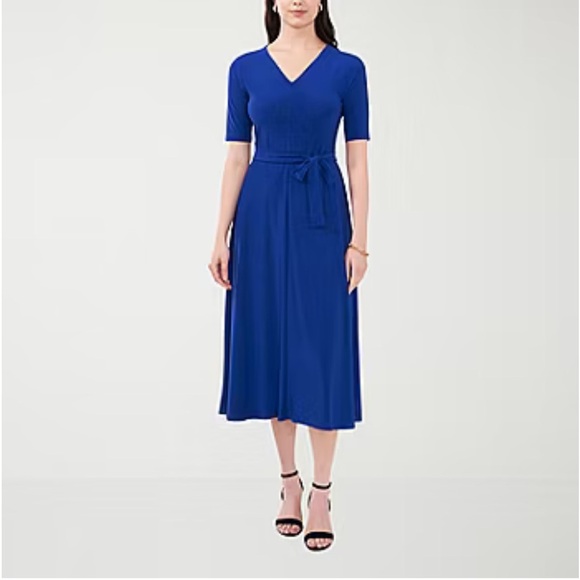 MSK Goddess Blue Midi Dress NWT Tie Waist Business Casual Work Office Stretchy M - Picture 1 of 13